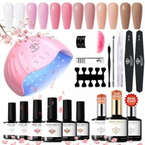 Modelones UV Nagellack Set mit UV Lampe 48W, 6 Farben Jelly Gel Gelnägel Starterset Rosa Nude Shellac Set Starterset Gel Nagellack UV Set mit Base Coat & Matte Glänzend Top Coat Nägel Starterset,7ML