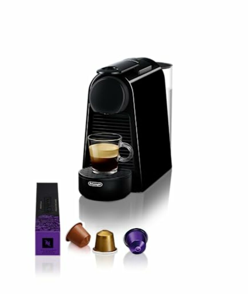 Nespresso De'Longhi EN 85.B Essenza Mini Kaffeekapselmaschine,Welcome Set mit Kapseln in unterschiedlichen Geschmacksrichtungen 19 bar Pumpendruck,Platzsparend,1370W,0.6 L,32.5 x 11 x 20.5 cm,Schwarz