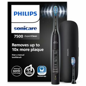 Philips Sonicare ExpertClean 7500 elektrische Zahnbürste, Schallzahnbürste mit App, 4 Putzmodi und 3 Intensitätsstufen, Drucksensor, Reiseetui, Schwarz, Model HX9631/16