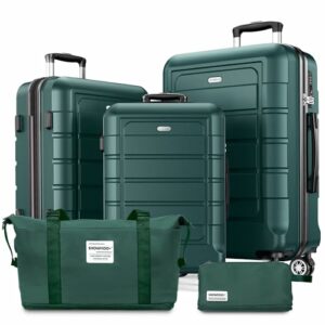 SHOWKOO Kofferset 5 Teilig Hartschale Leicht ABS+PC Erweiterbar Reisekoffer Haltbar Handgepäck Sets 4 Rollen TSA-Schloss mit 1 Reisetasche + 1 Kulturtasche - Armeegrün