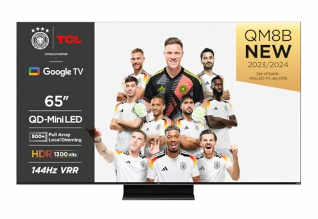 TCL 65QM8B Fernseher MiniLED 65 Zoll, QLED, 144Hz, 4K HDR Premium 1300nits, Google TV, Dolby Atmos, Onkyo, Game Master Pro 2.0