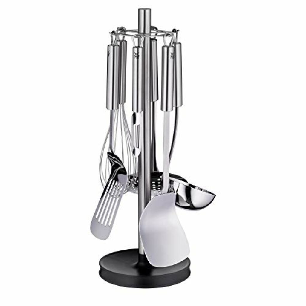 WMF Profi Plus Küchenhelfer Set 7-teilig, Ständer mit 6 Helfern, Schöpflöffel, Schaumlöffel, Wokwender, Wender, Schneebesen, Gemüseschäler, Cromargan Edelstahl, spülmaschinengeeignet