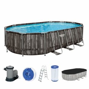 Bestway Power Steel Frame Pool Komplett-Set mit Filterpumpe 610 x 366 x 122 cm , Holz-Optik (Mooreiche), oval