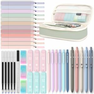 Four Candies 39 Stück Schulsachen mit Mäppchen, 12 Pastell Textmarker, 5 Gelstifte, 6 Druckbleistift Set, Aesthetic Stifte und Coole Sachen für Teenager Mädchen School Stuff Clean Girl (Grün)