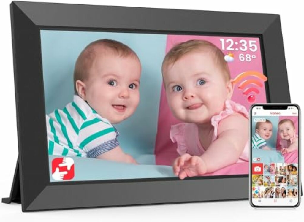 Frameo 10,1 Zoll WLAN Digitaler Bilderrahmen, 1280x800 HD IPS Touchscreen Fotorahmen Elektronisch, 32GB Speicher, Automatische Drehung, Unterstützt Micro SD Karte, Bilder und Videos Sofort Teilen