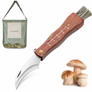 Freelander Pilzmesser mit Bürste und Tasche, Großvolumige Pilzsammeltasche, Schwammerlmesser mit Pinsel, Taschenmesser Klappmesser Outdoor mit Holzgriff, Pilzmesser Set Geschenk für Pilzsammler