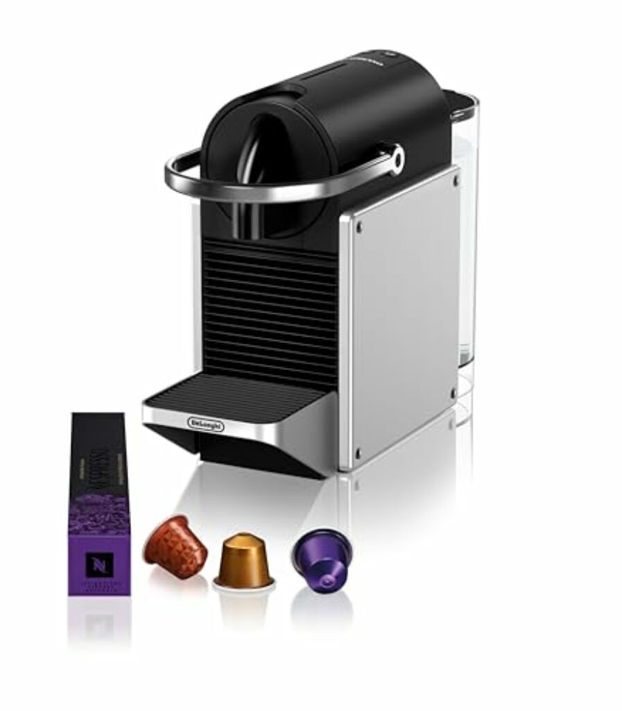 Nespresso De'Longhi Pixie EN127.S Kaffekapselmaschine, zwei Direktwahltasten, ECO-Modus, kompaktes Design, 19 Bar Drucksystem, 1260W, Silber/Schwarz