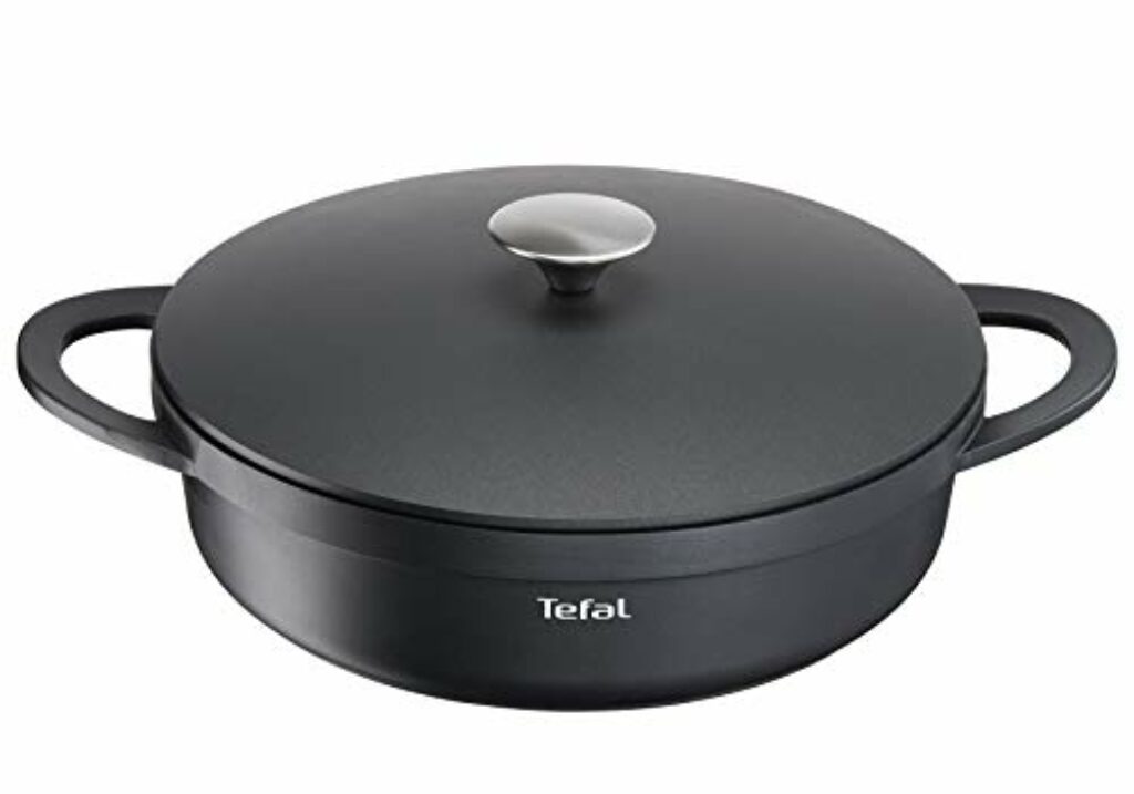 TEFAL E21872 TRATTORIA Servierpfanne 28cm | Aluguss | Gussdeckel | Antihaft-Beschichtung | gute Wärmespeicherung | Silikon Griffschutz inklusive | Schmorpfanne | induktionsgeeignet