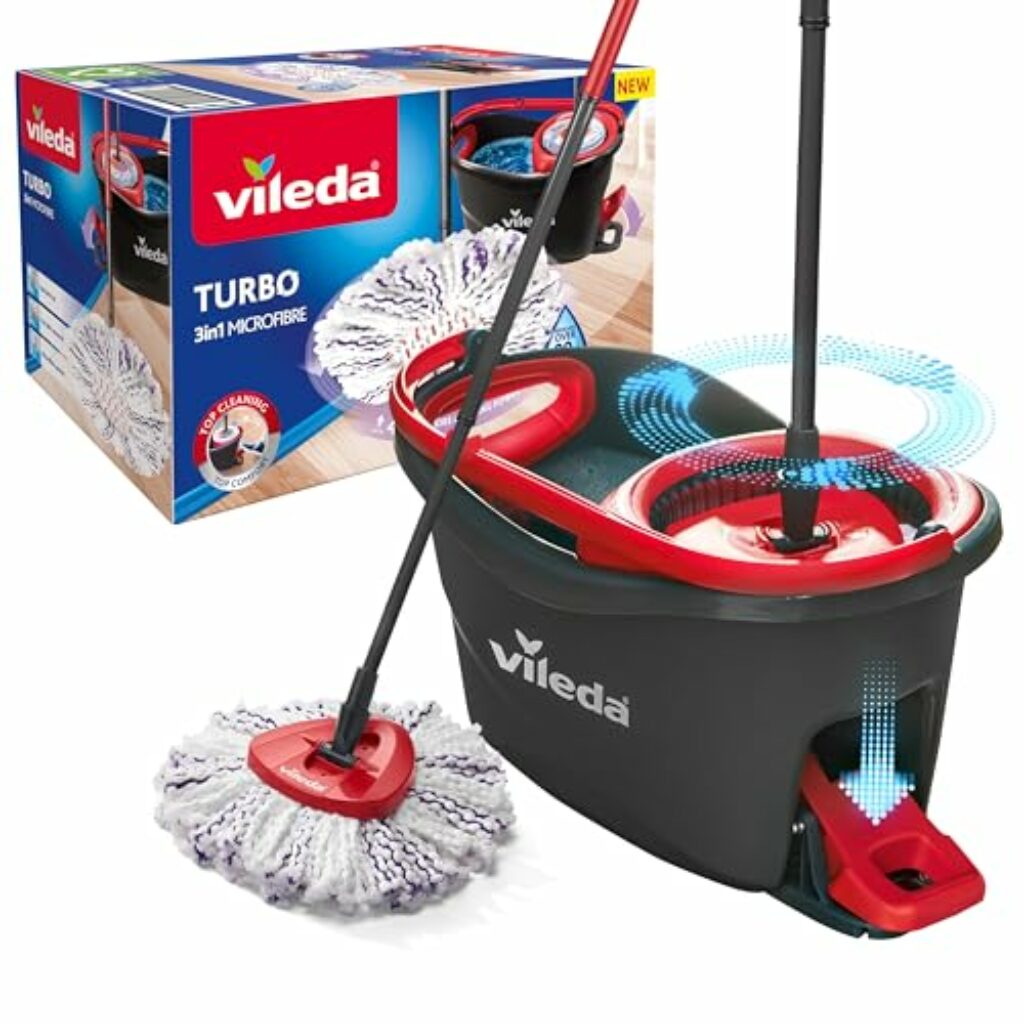 Vileda Turbo 3in1 Komplett Set, Wischmopp mit 3in1 Mikrofaser-Moppkopf, Eimer mit Schleuder, Teleskopstiel: 85 – 123 cm, entfernt 99 % der Bakterien, nachhaltiges Wischsystem, Vileda Love it Clean