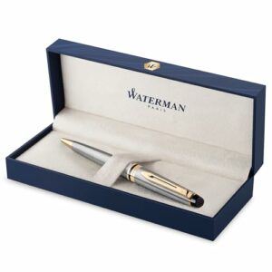 Waterman Expert Kugelschreiber | Edelstahl mit Zierteile aus 23 K Gold | Mittlere Spitze | Blaue Tinte | Geschenkbox