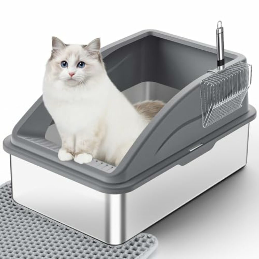 XXL Litter Box XXL Stainless Steel Litter Box Stainless Steel Open Litter Box with Metal Scoop, Double Mat, High Rim, Large Litter Box for Large Cats, Easy to Clean (Dark Gray)