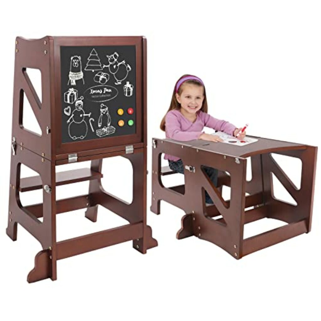 YOLEO 2in1 Lernturm Kinder Tritthocker Lernstuhl Kinderhocker Faltbarer Kinderschemel für Baby,mit doppelseitiger magnetischer Tafel,Umweltschutz,Küchen-/Badezimmerhelfer (Walnut)