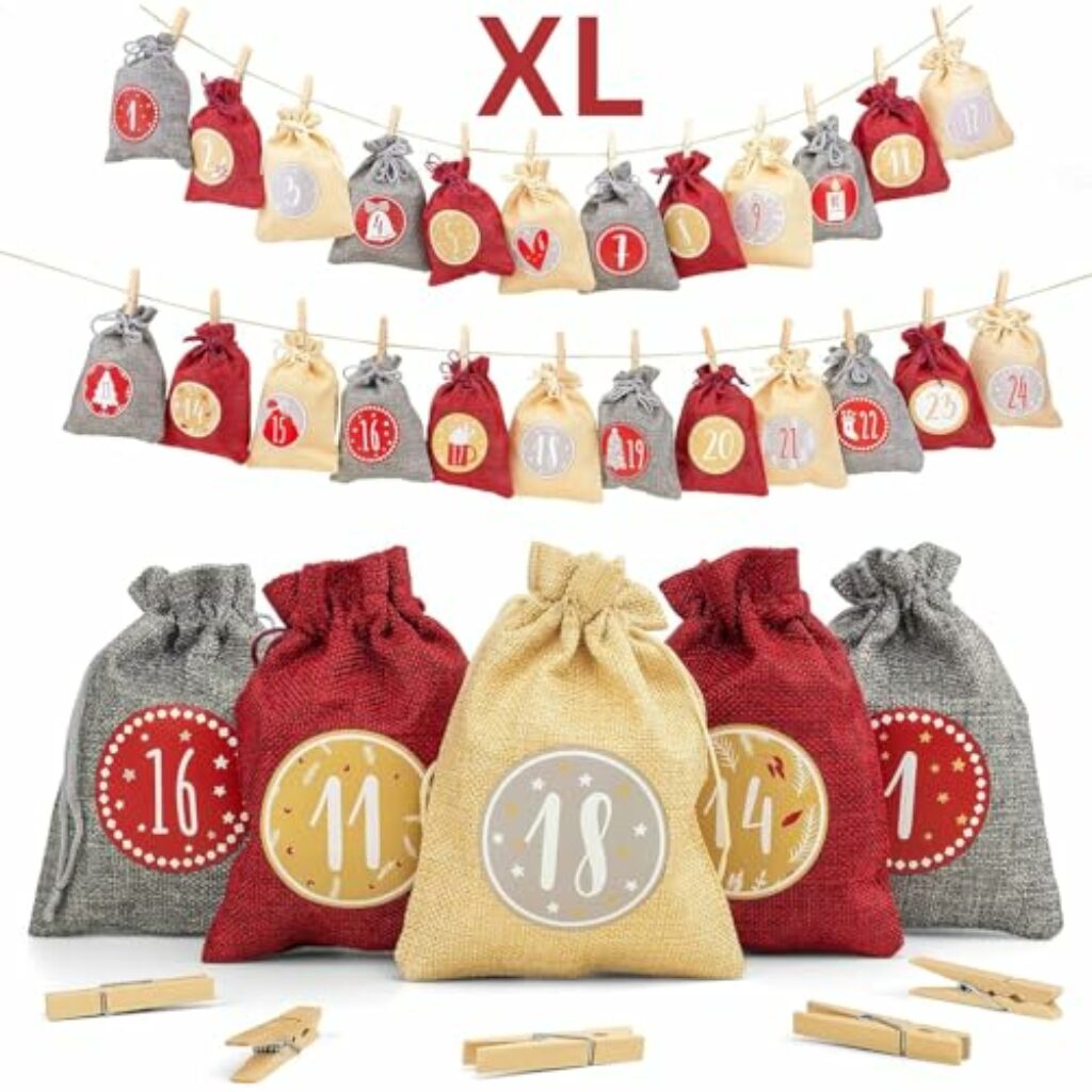 Adventi® Adventskalender zum Befüllen [24 Stück] Weihnachtskalender 2024 Jutesäckchen 20 x 15cm Groß, Weihnachtsdeko Tüten/Säckchen, Geschenktüten Weihnachten mit individuellen Designs (Rot)