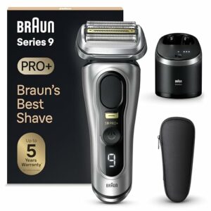 Braun Series 9 Pro+ Rasierer Herren Elektrisch, Elektrorasierer mit 5 Pro Rasierelementen, Langhaarschneider ProTrimmer & Reinigungsstation, 60 Min Laufzeit, Made in Germany, 9567cc, Silber