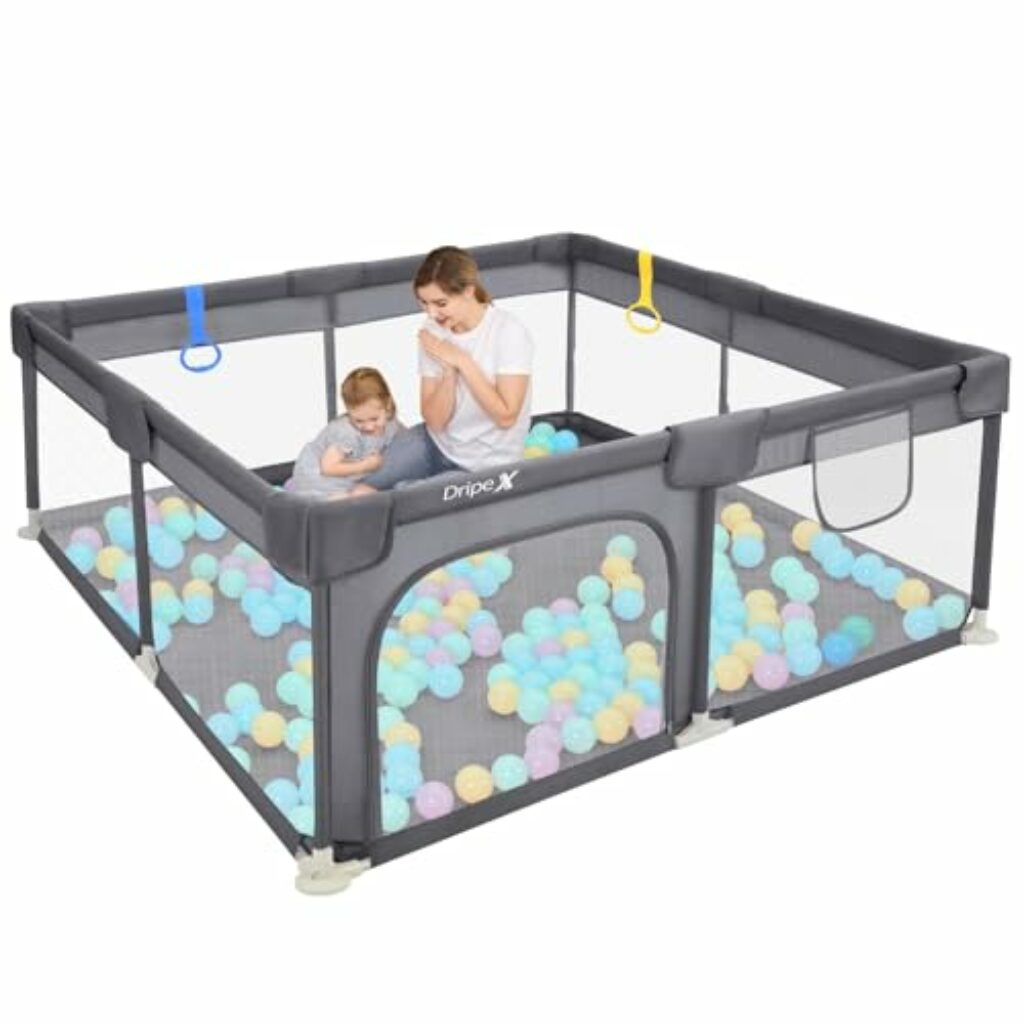 Dripex Laufstall Baby 127x127cm, Laufgitter baby mit atmungsaktivem Netz, Baby Laufstall mit Reißverschlusstür, Kinder laufgitter, Kleines Laufstall, Dunkelgrau