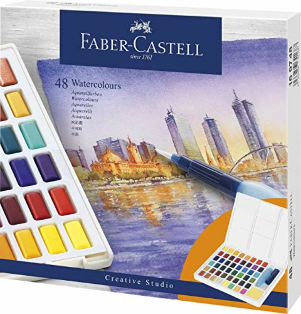 FABER-CASTELL 169748 - Aquarellfarben in Näpfchen, mit Mischpalette und Wassertankpinsel, 48er Etui