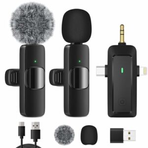 HMKCH Kabelloses Lavalier Mikrofon für iPhone/Android Telefon/Kamera/Computer/Laptop, Professionelles Dual Ansteckmikrofon mit USB-C/3,5 mm/USB-Stecker für Videoaufzeichnung, Vlog, YouTube, TikTok