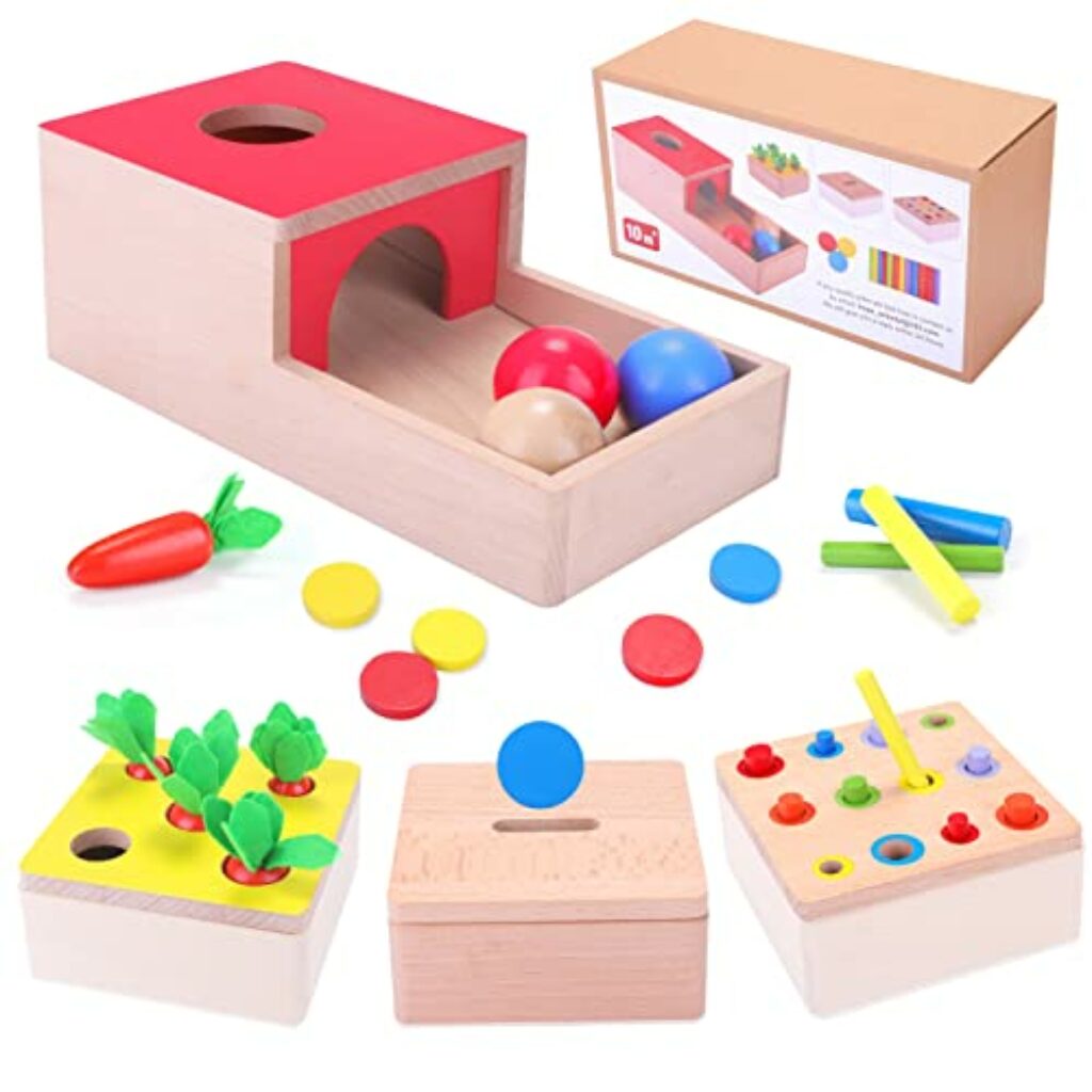 Holzspielzeug ab 1 Jahr | 4 IN 1 Baby Motorik Spielzeug für 6 Monate Jungen und Mädchen | Montessori Objektpermanenz Sortierspiel Holzpuzzle für Kinder als Weihnacht Geburtztag New Jahr Geschenk