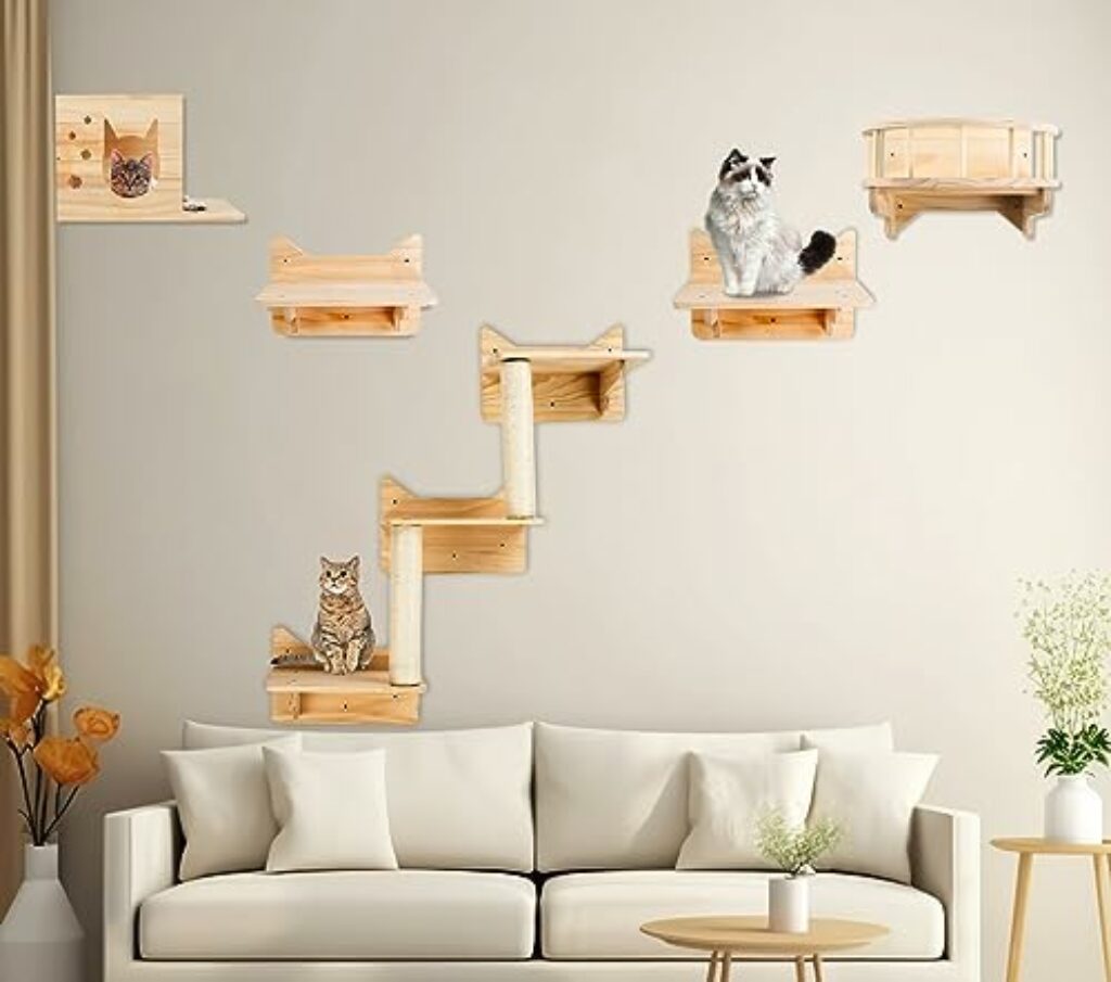 LADVATKIN Katzen Wandregale, Katzenwandmöbel Set, Katzenregale und Sitzstangen für Wand, Kletterregal Spielplatz, Katzenkratzbaum mit 3 Stufen Wandregal Innen Wandmontage Cat Condos Haus