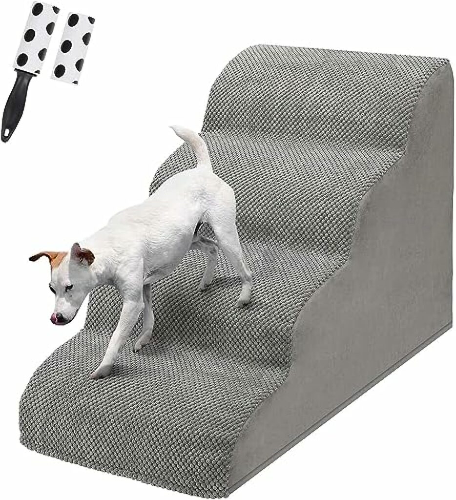 LIANTRAL Hundetreppe für Kleine Hunde, 4 Stufen Hundetreppe für Bett und Sofa aus Hochdichtem Schwamm, Katzentreppe Hunderampe mit Abnehmbarem, Waschbarem Bezug und Tierhaarentferner-Rolle, 50 cm Hoch