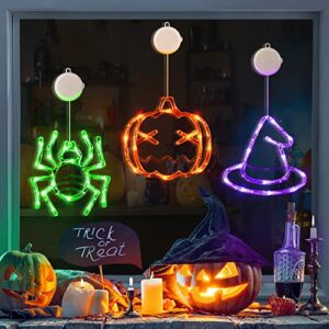 LOLStar Halloween-Dekorationen, orangefarbener Kürbis, grüne Spinne und lila Hexenhut, Halloween-Fensterlichter mit Saugnapf, batteriebetriebene Innenbeleuchtung für Halloween-Fensterdekoration