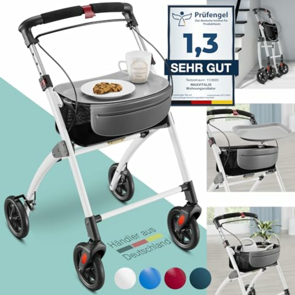 maxVitalis Wohnungsrollator 54cm breit, faltbar und leicht, inkl. Tablett & Stoffkorb, Rollator schmal für die Wohnung, Indoor-Rollator, klappbar, Aluminium,Mobilität für Zuhause weiß