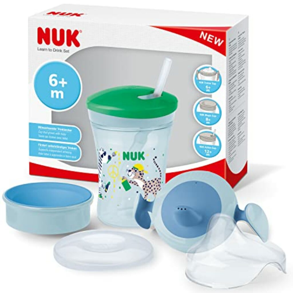 NUK 3-in-1 Trinklernset mit Trainer Cup Schnabeltasse (6+ Monate), Magic Cup 360° Trinklernbecher (8+ M) & Action Cup Trinkflasche Kinder (12+ M) | 230 ml | BPA-frei | grüner Leopard