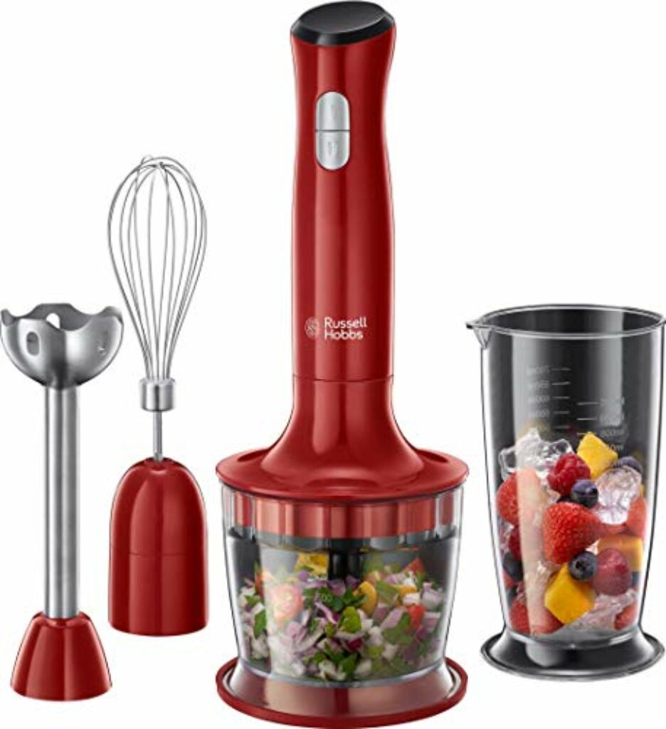 Russell Hobbs Stabmixer [3-in-1: Pürierstab/Zerkleinerer, Mixer- & Schneebesenaufsatz] Desire Rot (BPA-freies & spülmaschinenfestes Zubehör, für Smoothie, Suppen Saucen, Joghurt Babynahrung) 24700-56