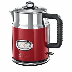 Russell Hobbs Wasserkocher [1,7l, 2400W] Retro Rot & poliertet Edelstahl (Schnellkochfunktion, Wassertemperaturanzeige im Retrodesign, außenliegende Wasserstandsanzeige) Vintage Teekocher 21670-70