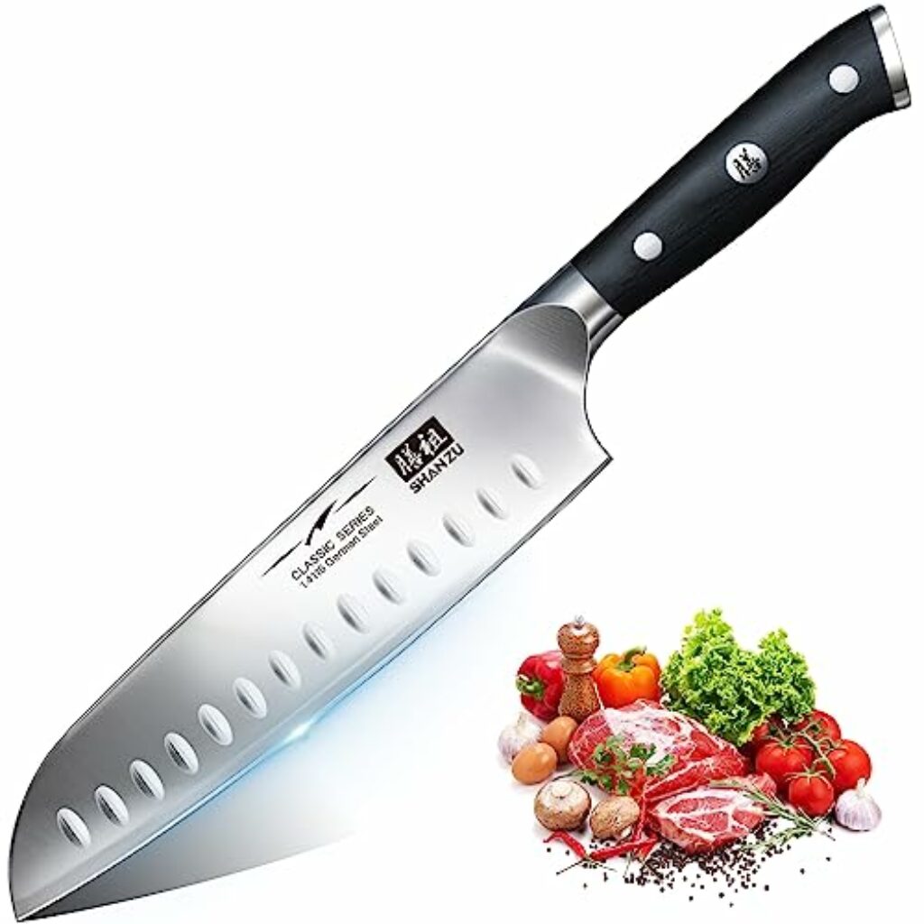 SHAN ZU Kochmesser Küchenmesser, Chefmesser Santoku Deutscher Carbon Edelstahl Scharfe Messerklinge 18cm Ergonomischer Griff Geschenkbox