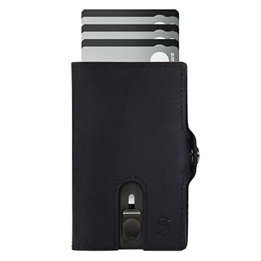 SlimJack® Wallet mit Münzfach - Jackster Wallet - Kreditkartenetui mit RFID-Schutz - Geldbeutel für Herren - Aluminium-Kartenhalter - Smart Wallet für Karten & Münzen - Schwarz Leder