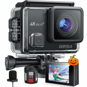 Surfola Action Cam 4K, Unterwasserkamera 40M Wasserdicht 20MP EIS Bildstabilisierun 170° Weitwinkel Helmkamera WiFi Actionkameras mit Externem Mikrofon 2 Akkus und Zubehör Kit 2.4G Fernbedienung