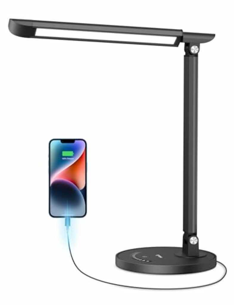 sympa Schreibtischlampe LED, dimmbare mit 7 Helligkeitsstufen, 5 Farbtemperaturen, USB-Ladeanschluss, Touch-Steuerung, Memory-Funktion, Lese-/Stehlampe für Zuhause und Büro, Schwarz