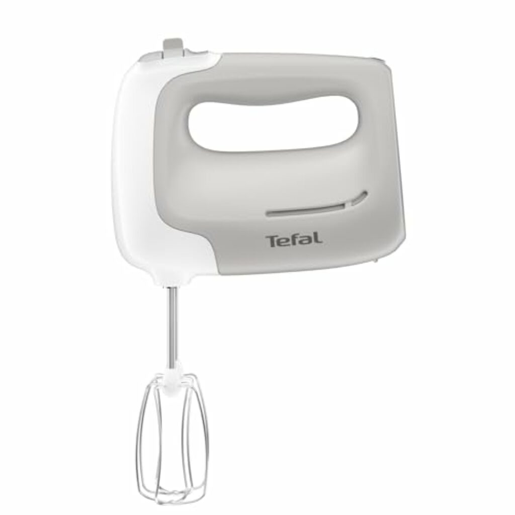 Tefal Handmixer Prep'Mix HT450B | 450 W | 5 Geschwindigkeiten | 2 Schneebesen und 2 Knethaken aus Edelstahl | Ergonomisches Design | Spülmaschinenfestes Zubehör, Weiß/Grau