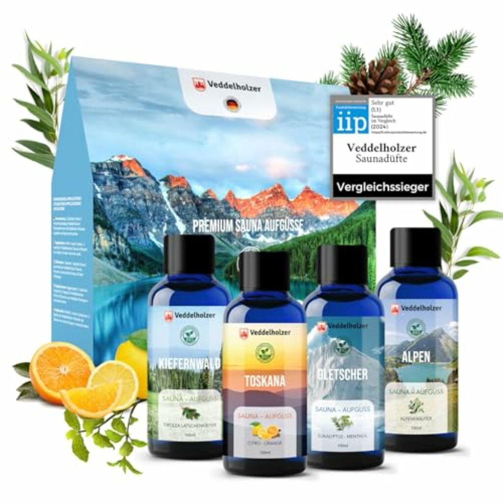 Veddelholzer BIO Saunaaufguss Geschenkset 4 x 100 ml verschiedene Saunaöle Saunaduft Infusion als Sauna Zubehör alles in einem Sauna Set Sauna Aufgussmittel aus 100% naturreinen ätherischen Ölen