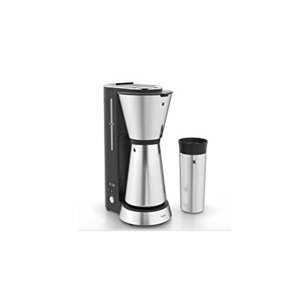 WMF Küchenminis Aroma Filterkaffeemaschine klein mit Thermoskanne, 870 Watt, Thermobecher to go, kleine single Kaffeemaschine mit Timer, cromargan matt