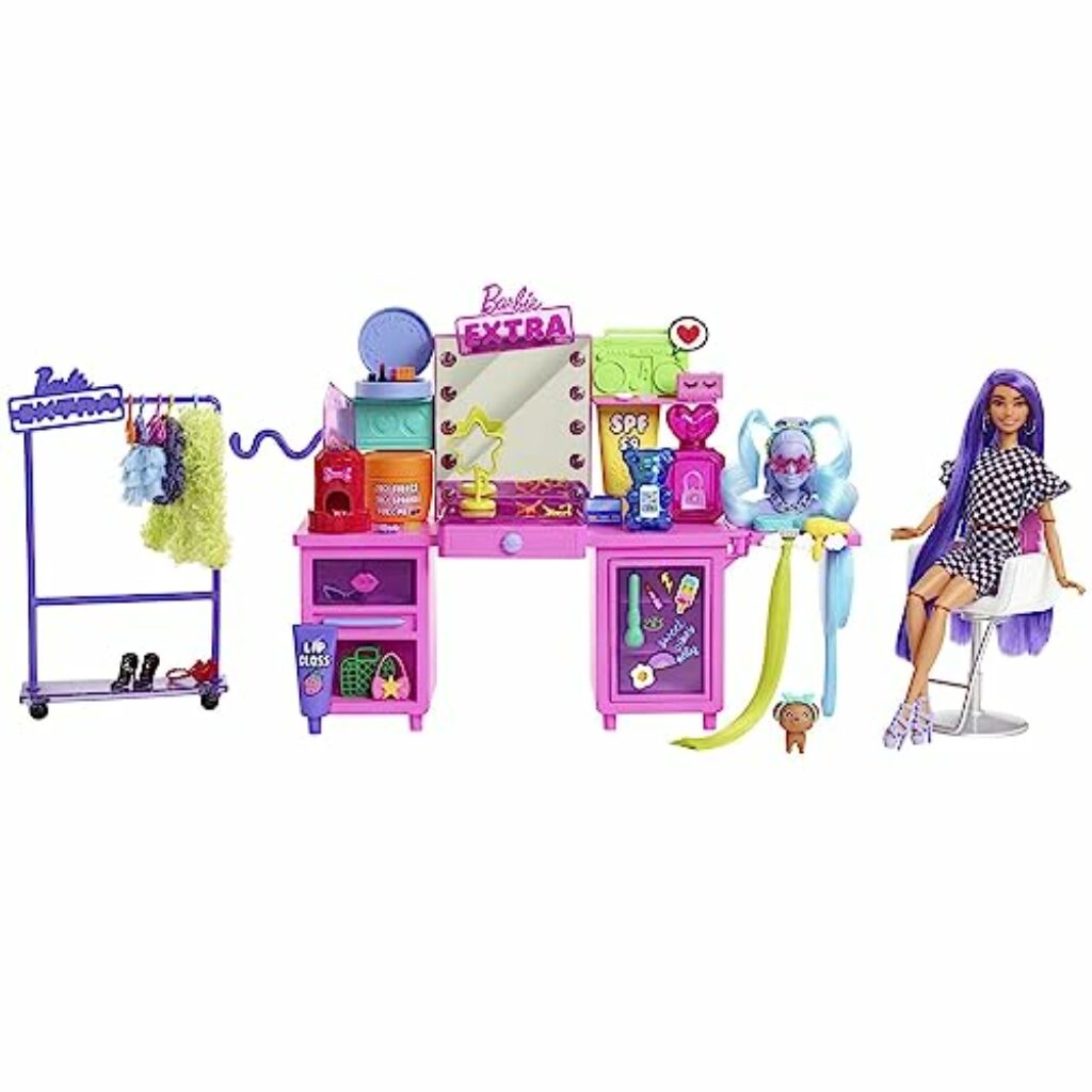 Barbie GYJ70 Extra Spielset mit exklusiver Puppe, Hündchen & 45+ Teile, Spielzeug ab 3 Jahren