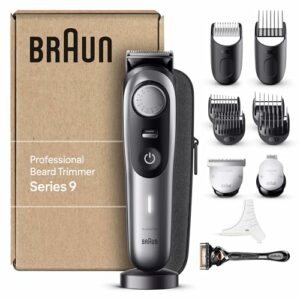 Braun Barttrimmer, Bartschneider/Trimmer/Haarschneider Herren, Haarschneidemaschine Profi, 40 Einstellungen, Ladestation, Reiseetui, Bartschablone, 180 Min. kabellose Laufzeit, BT9440