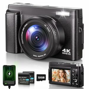 Digitalkamera 4K, 48MP 16X Autofokus Digitalzoom Fotokamera, 3 Zoll 180° Flip LCD Screen HD Kompakte Vlog Kamera mit Ladestation, 2 * 800 mAh Akkus, 32GB Karte für Anfänger, Kinder