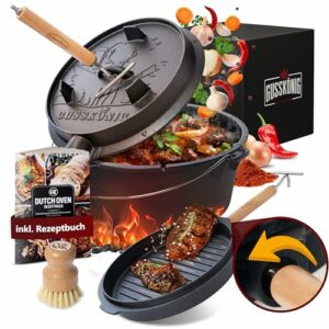 GUSSKÖNIG Dutch Oven Set - Eingebrannter Dutch Oven 7 Liter - Feuertopf Gusseisen mit Füßen - Schmortopf Doppelfunktion - inkl. 2in1 Deckelheber, Bürste & Dutch Oven Rezeptbuch [für3-5 Personen]