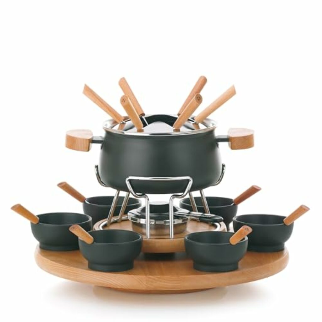 kela Fleischfondue Set 23 teilig, Fondueset für 6 Personen NATURA, Fondue mit drehbarer Holzplatte, Gabeln, Schälchen, Gabelhalter, Brennpastenhalter