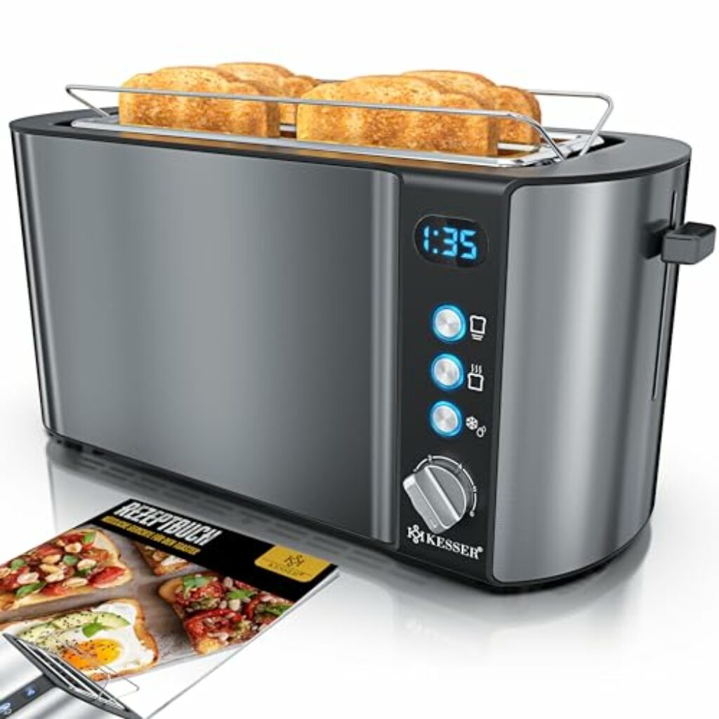 KESSER® Toaster mit Brötchenaufsatz, Automatik-Langschlitztoaster mit 6 Bräunungsstufen + Auftau- & Aufwärmefunktion, Abschaltautomatik, Liftfunktion, inkl. Krümelblech und Rezeptbuch Anthrazit