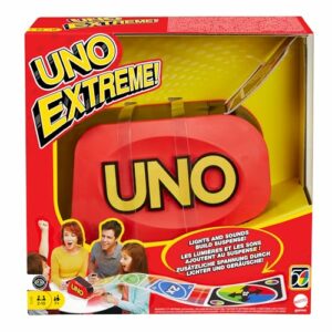 Mattel Games UNO Extreme, UNO Kartenspiel für die Familie, mit Kartenwerfer, Reisespiel oder Spiel für Erwachsene, für 2-10 Spieler, ab 7 Jahren, GXY75