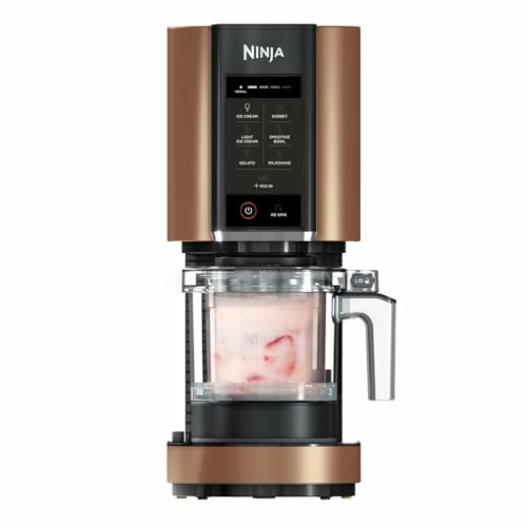 Ninja CREAMi Eismaschine & Frozen Dessert Maker mit 3 Behältern, 7 Programmen, macht Eiscreme, Gelato, Sorbet, Smoothie Bowl, Milchshakes und mehr, macht 1,4 L Eiscreme, Schwarz & Kupfer, NC300EUCP