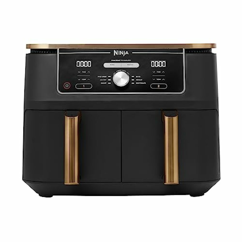 Ninja Foodi MAX Dual Zone Heißluftfritteuse, 9,5L Airfryer, 2 Fächer, mit Zange, Antihaftbeschichtung, spülmaschinenfeste Körbe, 6-in-1, Amazon Exklusiv, Kupfer/Schwarz, AF400EUCP