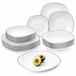 SÄNGER | Teller Set Bilgola Black Rim 18 tlg, Porzellan Geschirrset 6 Personen Tafelservice Spülmaschinenfest, Essgeschirr mit Flachen & Tiefen Tellern Weiß mit Schwarzen Akzenten | PREMIUM COLLECTION