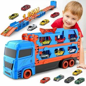 VATOS Transport Truck Spielzeugautos für Jungen im Alter von 3, 4, 5, 6 Jahren, tragbares Rennbahn Truck Spielzeugauto mit 6 Rennautos, Transporter Fahrzeug Spielzeug Set für Kinder