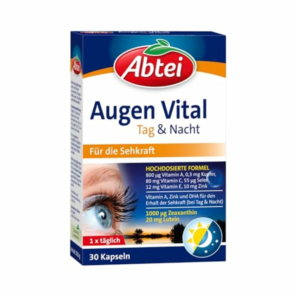 Abtei Augen Vital Tag und Nacht - mit Vitamin A, Lutein, DHA und Zeaxanthin - für den Erhalt der Sehkraft - hochdosiert, glutenfrei, laktosefrei - 30 Kapseln