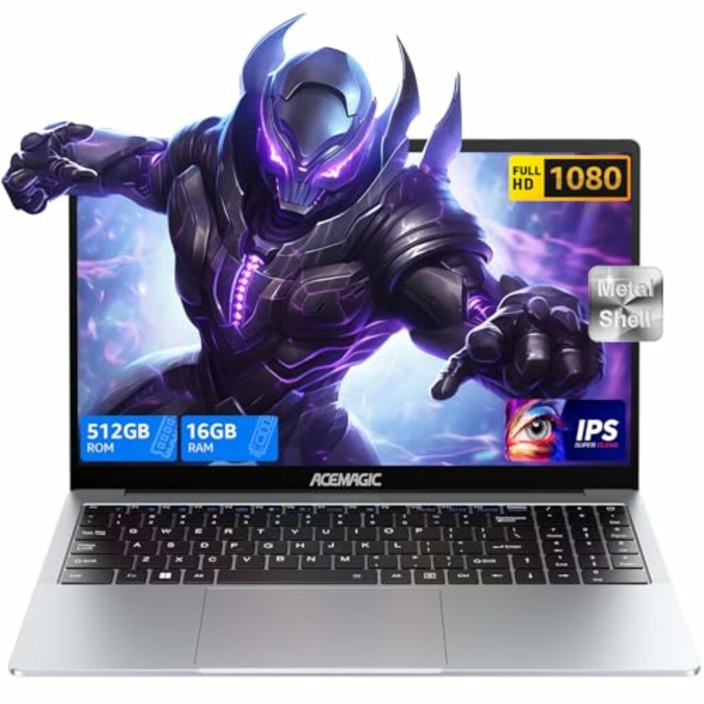 ACEMAGIC Laptop,Metallgehäuse,15,6 Zoll FHD,16 GB DDR4 512 GB SSD Notebook,Intel Quad-Core N97(bis zu 3,60 GHz) schlägt N5095,Leichter Laptop 15 Zoll mit WiFi,BT5.0,USB 3.2×2,Type C,HDMI(Silber)