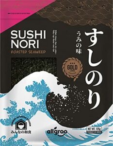 Allgroo Nori Gold Seetang, ganze Blätter, geröstete Seealgen, ideal für Sushi, vegan und glutenfrei, 1 x 125 g mit 50 Blättern